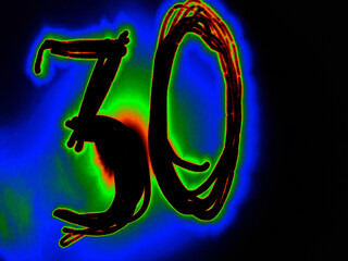 Glowing Arabic numeral 30. Mathematical number written by hand on a black background with colored neon lines. The black number glows orange-green, creating a blue halo around itself.