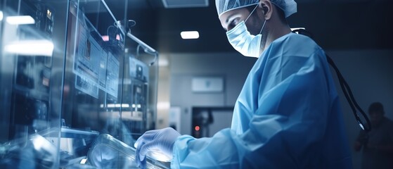 doctor working in futuristic hospital with medical high tech healthcare, surgeon team operation on heart disease and illness on monitor - obrazy, fototapety, plakaty