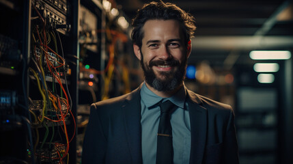 A friendly IT technician in a server room, managing and troubleshooting network equipment