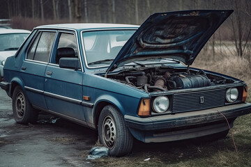 Old Broken Down Blue Car with Hood Open