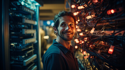 A friendly IT technician in a server room, managing and troubleshooting network equipment