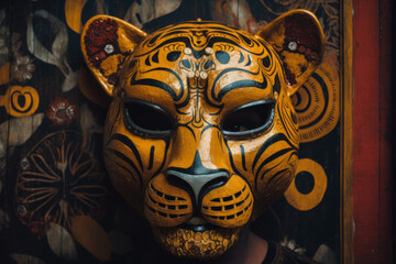 Person wearing wooden tiger mask