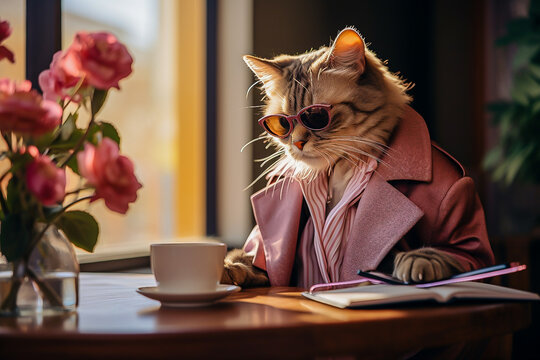 a cat in a business suit drinks coffee in a coffee shop