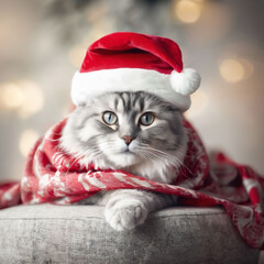 a cat with a Christmas hat, a cute kitty