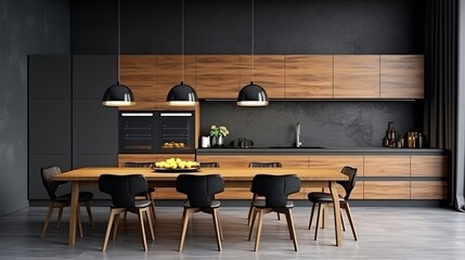 large kitchen room with modern interior design with wood table and chairs for home against the background a dark classic wall