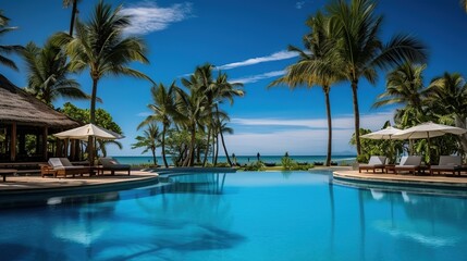 Fototapeta na wymiar Luxurious swimming pool and loungers umbrellas near beach and sea with palm trees and blue sky
