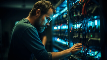 Fototapeta premium A friendly IT technician in a server room, managing and troubleshooting network equipment