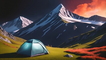Tent in the middle of the mountain. artistic ilustration. Generative AI.