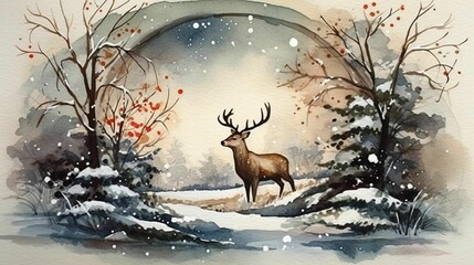 An AI illustration of an image of a deer with big antlers in a snowy woods