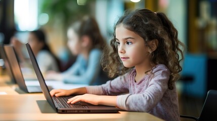 portrait kid girl learn to code with soft blurred friend in a computer lab, coding classroom