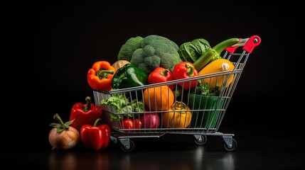 shopping trolley full with vegetables and fruits in black studio background