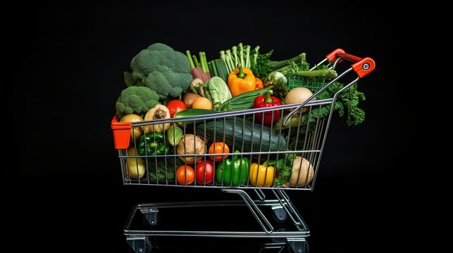 Shopping Trolley Full With Vegetables And Fruits In Black Studio Background