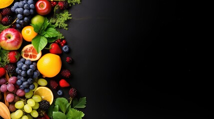 top view of fresh fruits, vegetables and berries on black background