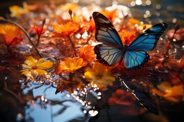 A macro photo of a kaleidoscope of butterflies gathered on a muddy puddle