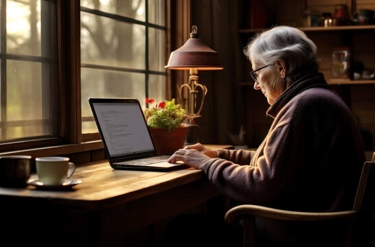 Golden Years in Digital Age. An elderly woman works on her laptop by the window, illuminated by the warm light of a desk lamp