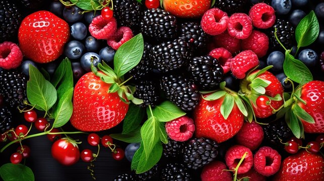 top view of fresh fruits, vegetables and berries on black background