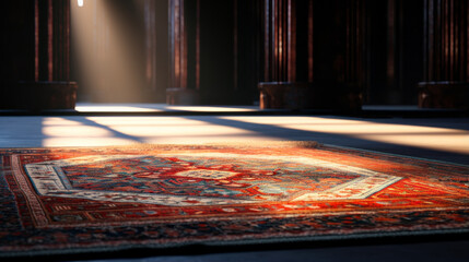 An elaborate rug with abstract patterns and a vibrant border