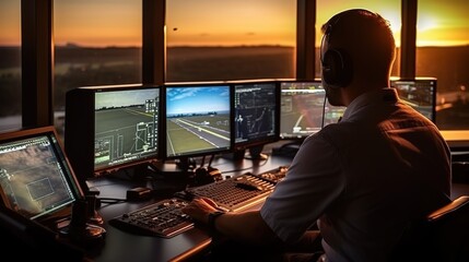 Woman working as air traffic controller in airport control tower