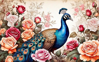 Vintage look wallpaper painting of a peacock bird sitting on tree branch in bright background created with generative ai
