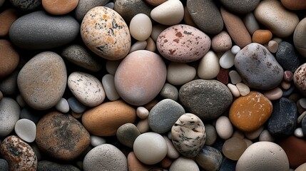 Fototapeta na wymiar Abstract texture of polished pebbles stones background, top view. Summer concept. Art concept.