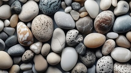 Fototapeta na wymiar Abstract texture of polished pebbles stones background, top view. Summer concept. Art concept.