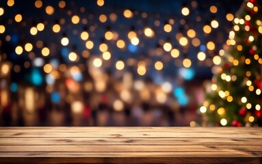 wooden empty table top with defocused bokeh Christmas fair lights background. Template for product display created with generative ai