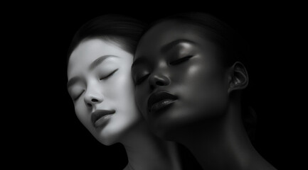 Two beautiful young women with closed eyes and contrasting skin tone, Asian and African female beauty