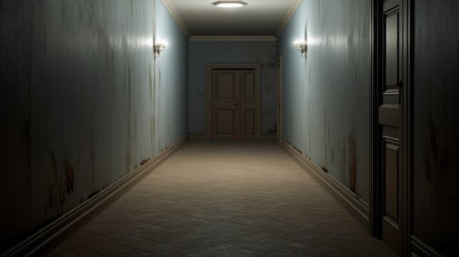 An eerie hallway with dim lighting and a solitary door at the end