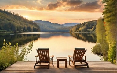 Fototapeta na wymiar a beautiful view of a lake with rolling hills and forests in the background at sunset with a dock and garden chairs created with generative ai