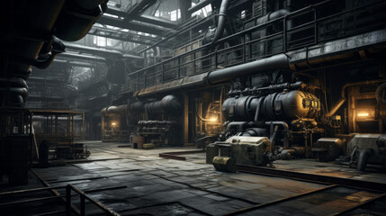 Fototapeta premium An eerie factory with broken machinery and a thick layer of dust