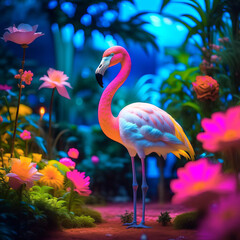 Beautiful flamingo bird surrounded by tropical flowers