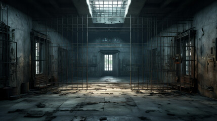An eerie, deserted prison cell with rusty bars and a damp floor