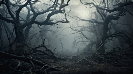 An eerie, dark forest with twisted branches and a strange mist in the air - obrazy, fototapety, plakaty