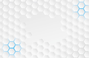 Bright white geometric honeycomb vector background, hexagon shapes with gray gradient, bright blue light in the corners and space for text