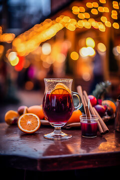 hot mulled wine in a glass at the Christmas market in the evening