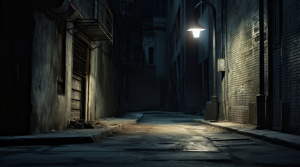 Fototapeta na wymiar An eerie, dark alleyway with a single lamp and a strange, eerie feeling in the air