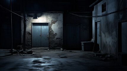 An eerie, dark alleyway with a single lamp and a strange door at the end