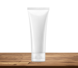 Empty product packaging foam tube mockup on wooden table, PNG transparent