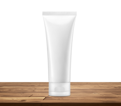 Empty product packaging foam tube mockup on wooden table, PNG transparent