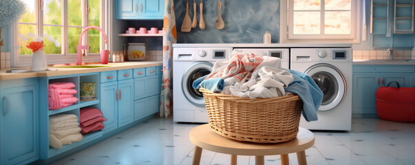 laundry clothes pile in a wicker basket at bathroom or utility counter next to washing machine for washing service and housework schedule as wide banner design with copy space - obrazy, fototapety, plakaty