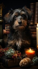 dog with christmas tree and decorations, cozy dark room with bricht lights for better Christmas spirit, generative ai