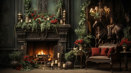 Fototapeta na wymiar christmas tree and fireplace, decorated room, generative ai