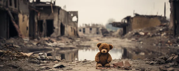 Gordijnen kids teddy bear toy over city burned destruction of an aftermath war conflict, earthquake or fire and smoke of world war against children peace innocence as copyspace banner © sizsus