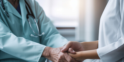 the doctor comfortingly holds the patient's hand