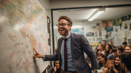 An enthusiastic teacher in a classroom, engaging with students and using a whiteboard to explain a complex concept