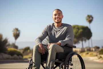 A cheerful young man in a wheelchair, dressed in a gray long-sleeved shirt and olive green pants, enjoys a sunny day outdoors. In the background, palm trees and the blue sky create a serene backdrop.