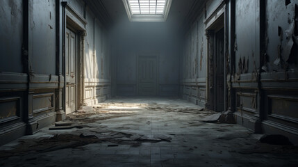 Fototapeta na wymiar An eerie, abandoned hallway with strange markings on the walls