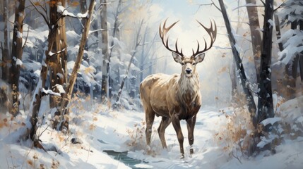 deer in the forest, beautiful deer in snowy forest, generative ai
