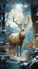 deer in the forest, beautiful deer in snowy forest, generative ai
