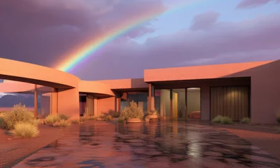 Keuken spatwand met foto Modern adobe home in the desert after a storm with a rainbow © Gary